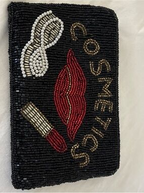 Vintage Walborg Beaded Cosmetic Pouch Pop Art Black  6.5”X4” Silk Lined